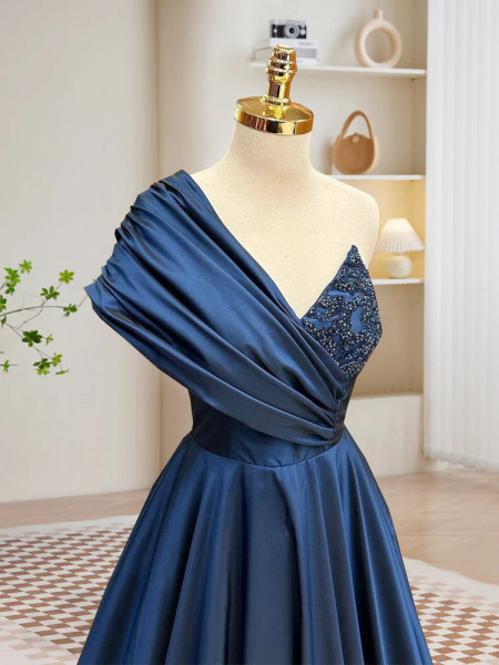 Shop 2024 ANNAKOO One-Shoulder Beading Navy Blue Satin Prom Dress Under 149