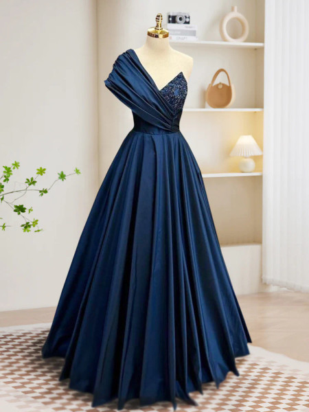 Shop 2024 ANNAKOO One-Shoulder Beading Navy Blue Satin Prom Dress Under 149