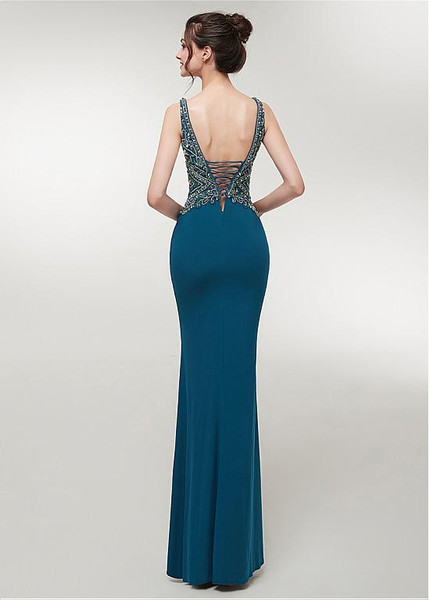 Spandex V-neck Long Mermaid Evening Dress With Beadings