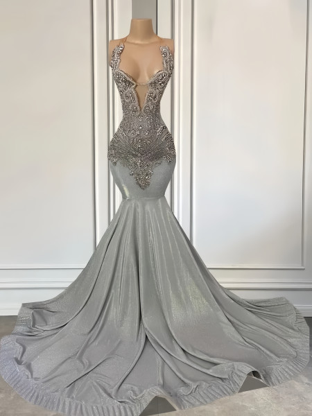 Shop 2024 ANNAKOO  Silver Trumpet Mermaid Beading Sheer Sequin Prom Dress Under 249