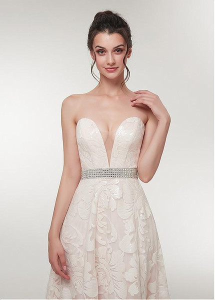   Beadings Lace Sweetheart Champagne A-line Prom Dress 