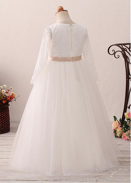 Lace Jewel Long Sleeves Ball Gown Flower Girl Dress With Belt 