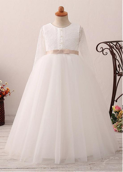 Lace Jewel Long Sleeves Ball Gown Flower Girl Dress With Belt 