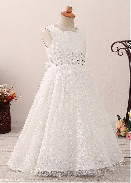  Lace Jewel Simple A-line Flower Girl Dress With Belt