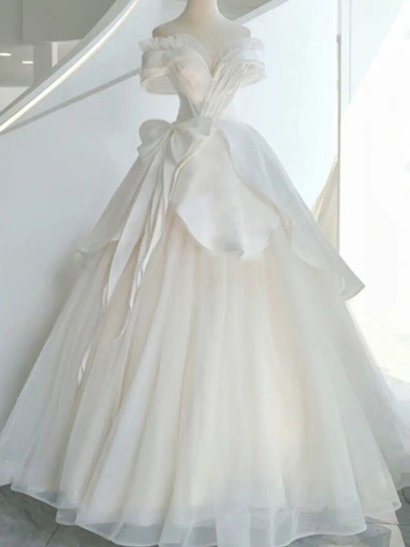Shop 2024 ANNAKOO Off The Shoulder Bow Satin & Tulle Ball Gown Wedding Dress Under 198