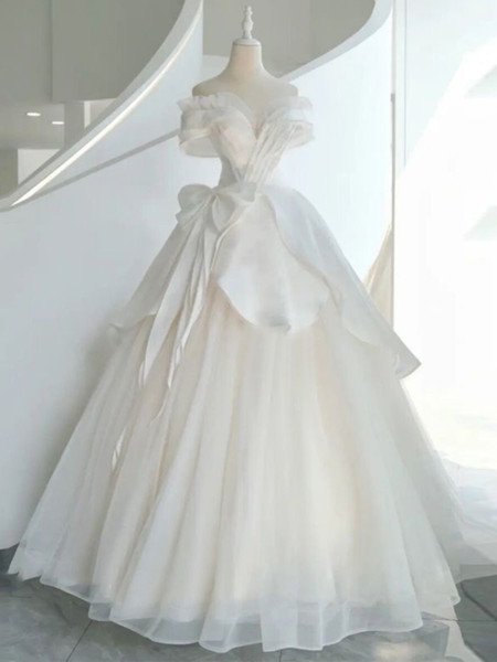 Shop 2024 ANNAKOO Off The Shoulder Bow Satin & Tulle Ball Gown Wedding Dress Under 198