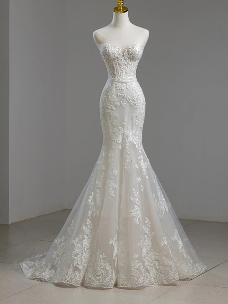 Shop 2024 ANNAKOO Detachable Long Sleeve Sweetheart Tulle Appliques Trumpet Mermaid Wedding Dress Under 198