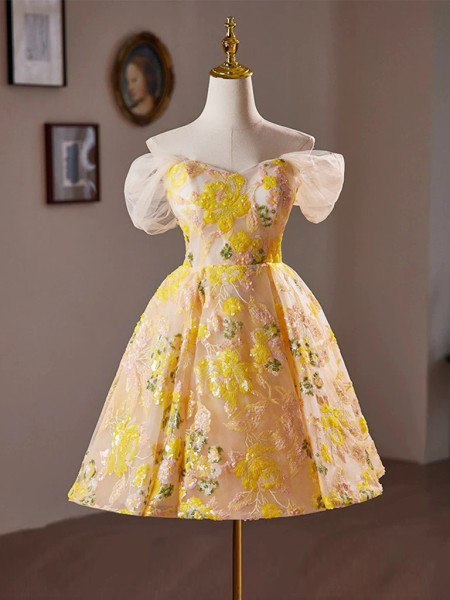 Shop 2024 ANNAKOO A-Line Off Shoulder Floral Tulle Yellow Homecoming Dress Under 129
