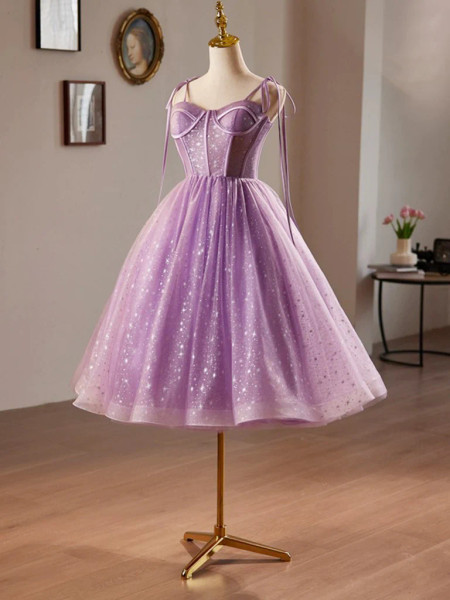 Shop 2024 ANNAKOO A-Line Sweetheart Tie Shoulder Tulle Short Purple Homecoming Dress Under 139