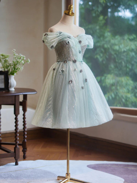 Shop 2024 ANNAKOO A-Line Off The Shoulder Tulle Beading Flower Mint Homecoming Dress Under 129