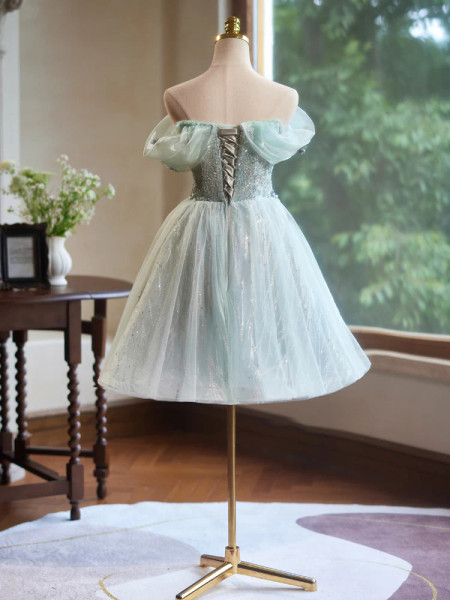 Shop 2024 ANNAKOO A-Line Off The Shoulder Tulle Beading Flower Mint Homecoming Dress Under 129