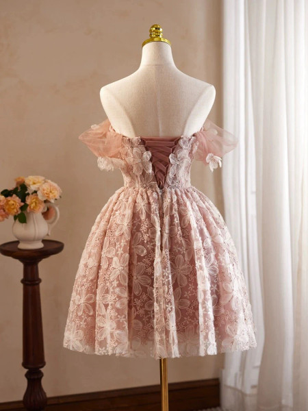 Shop 2024 ANNAKOO Off The Shoulder Flower Lace Pink Homecoming Dress Under 126