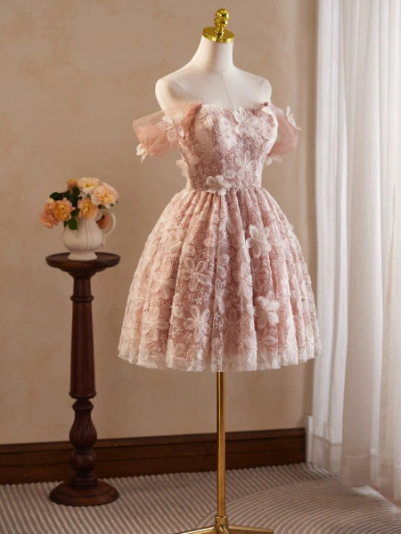 Shop 2024 ANNAKOO Off The Shoulder Flower Lace Pink Homecoming Dress Under 126