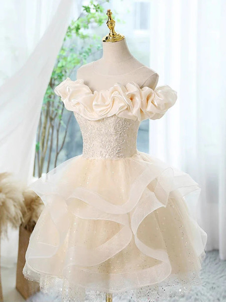 Champagne Tulle Ruffles Short Lace Up Homecoming Dress