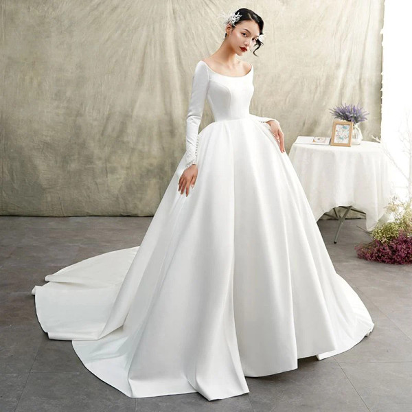 Shop 2024 ANNAKOO Satin Long Sleeve Satin Chapel Train Ball Gown Wedding Dress Under 269