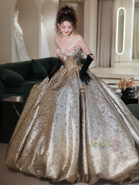 Shop 2024 ANNAKOO Flower Sweetheart A Line Gold Satin Prom Dress Under 198