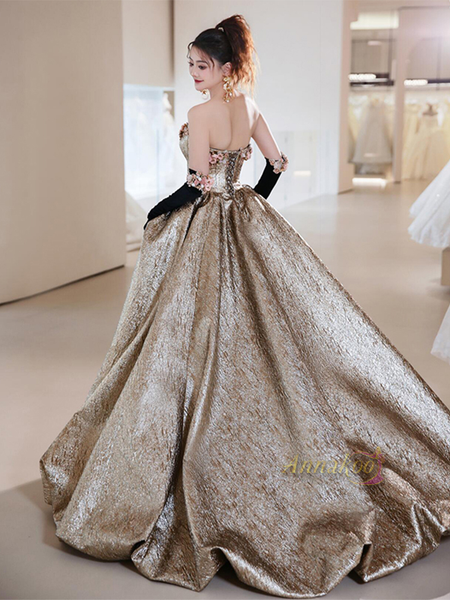 Shop 2024 ANNAKOO Flower Sweetheart A Line Gold Satin Prom Dress Under 198