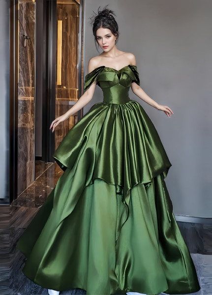 Shop 2024 Annakoo Green Off The Shoulder Ruffles Satin A Line Prom Dress Under 146