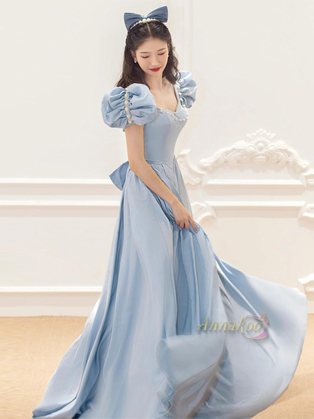 Shop 2024 ANNAKOO Light Blue Satin Beading Square Neck A Line Puffy Sleeve Prom Dress Under 159