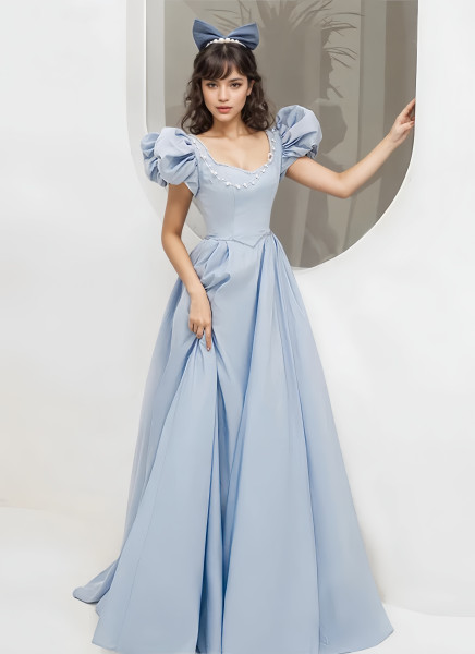 Shop 2024 ANNAKOO Light Blue Satin Beading Square Neck A Line Puffy Sleeve Prom Dress Under 159