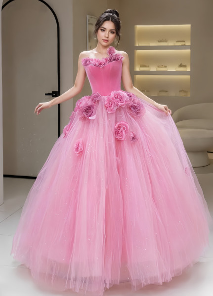 Shop 2024 ANNAKOO Pink Strapless Flower Tulel A Line Prom Dress Under 188