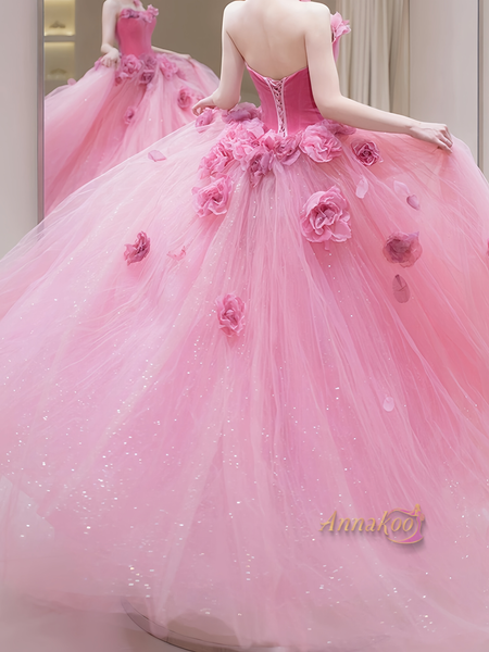 Shop 2024 ANNAKOO Pink Strapless Flower Tulel A Line Prom Dress Under 188