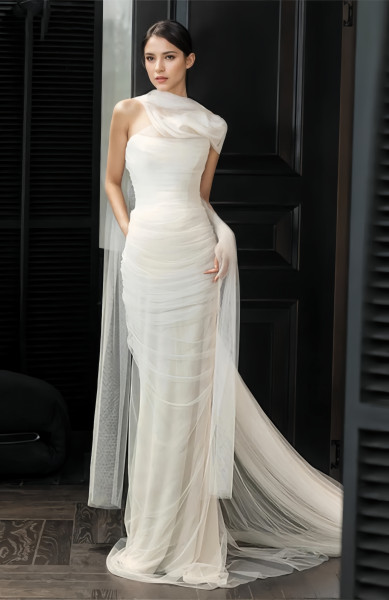 Shop 2024 ANNAKOO Tulle Strapeless Ruched Trumpet Mermaid Simple Wedding Dress Under 199