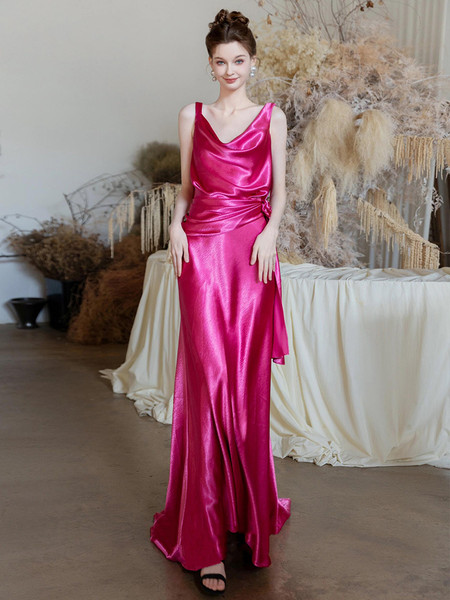 Shop 2024 ANNAKOO V Neck Fuchsia Satin Sheath Ruched Prom Dress Under 159