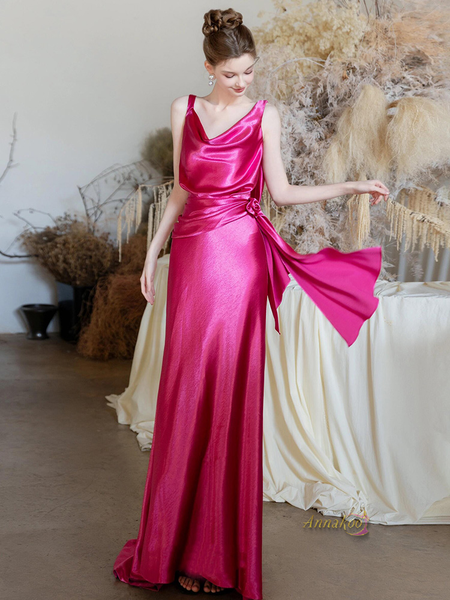 Shop 2024 ANNAKOO V Neck Fuchsia Satin Sheath Ruched Prom Dress Under 159