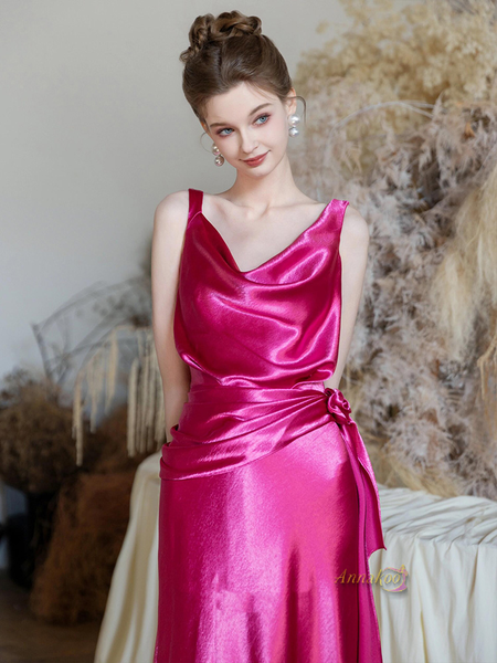 Shop 2024 ANNAKOO V Neck Fuchsia Satin Sheath Ruched Prom Dress Under 159