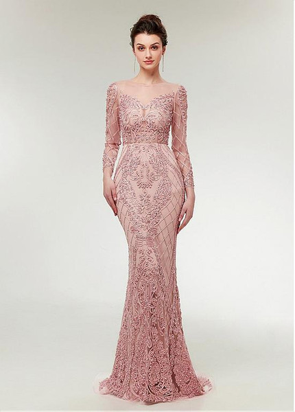  Lace Jewel Pink Long Sleeve Mermaid Evening Prom Dress 