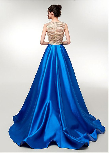Blue Satin V-neck Bead Long Evening Prom Dress 