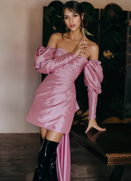 Shop 2024 ANNAKOO Fuchsia Long Sleeve Strapless Satin Ruched Prom Dress Under 159