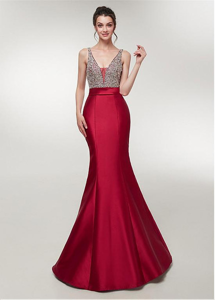 Satin V-neck Red Long Beading Prom Mermaid Evening Dress 
