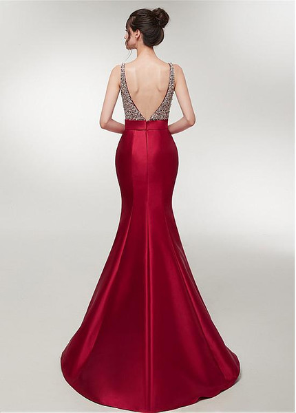 Satin V-neck Red Long Beading Prom Mermaid Evening Dress 