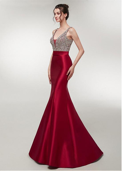 Satin V-neck Red Long Beading Prom Mermaid Evening Dress 
