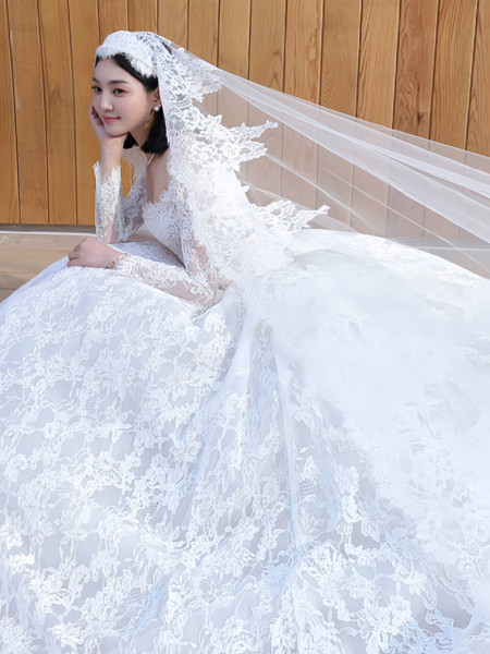 Long Sleeve Lace Ball Gown Jewel Wedding Dress