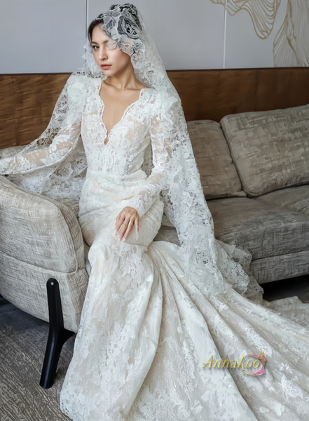 Long Sleeve V Neck Lace Trumpet Mermaid Wedding Dress