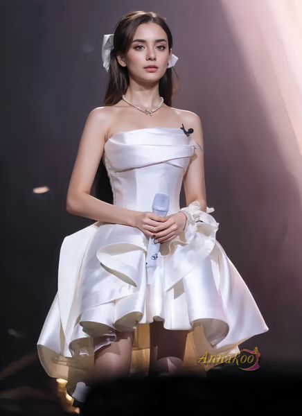 Shop 2024 ANNAKOO Strapless Ruffles Ruched Satin Short Mini Homecoming Dress Under 129