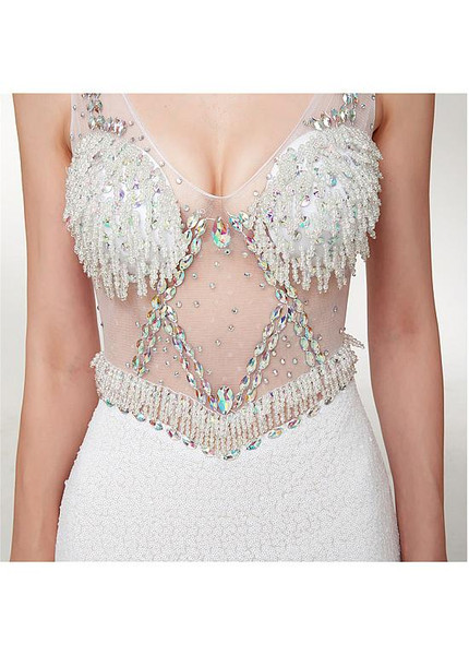 Tulle V-neck White Long Prom Mermaid Evening Dress