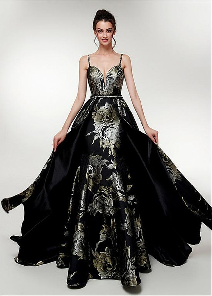 Floral Spaghetti Straps Print Long A-line Prom Evening Dress