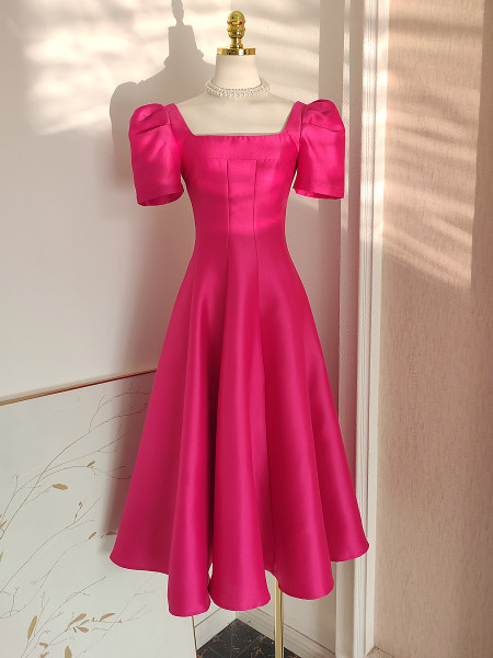 Shop 2024 Annakoo Short Sleeve Satin Square Tea Length Fuchsia Homecoming Dress Under 95