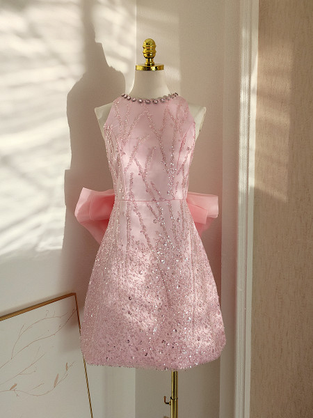 Shop 2024 ANNAKOO Beading Jewel Sequin Sparkle Pink Short Mini Bow Homeming Dress Under 98