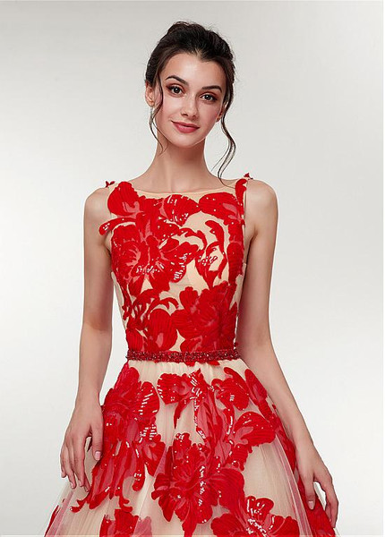 Red Tulle Bateau Long Aplliques  A-line Prom Dress 