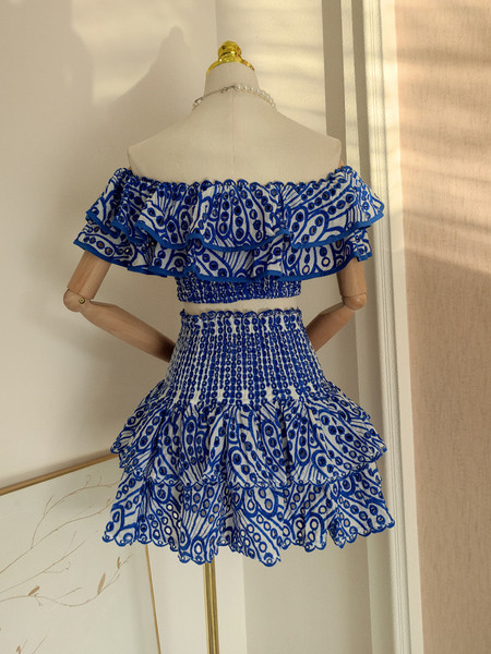 Blue Two Piece Ruffles Off The Shoulder Homecoming Dress