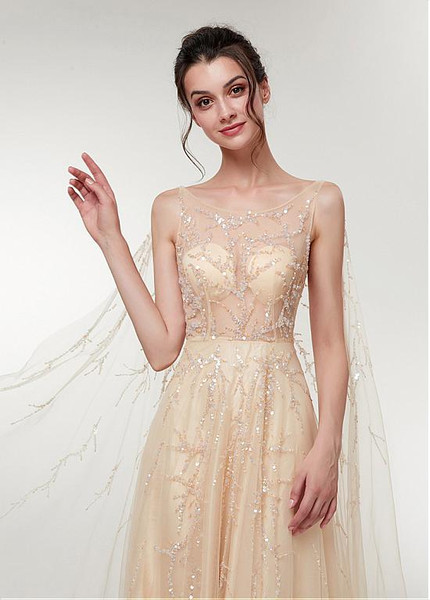 Tulle Scoop Champagne Beading A-line Prom Dress