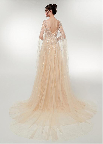 Tulle Scoop Champagne Beading A-line Prom Dress