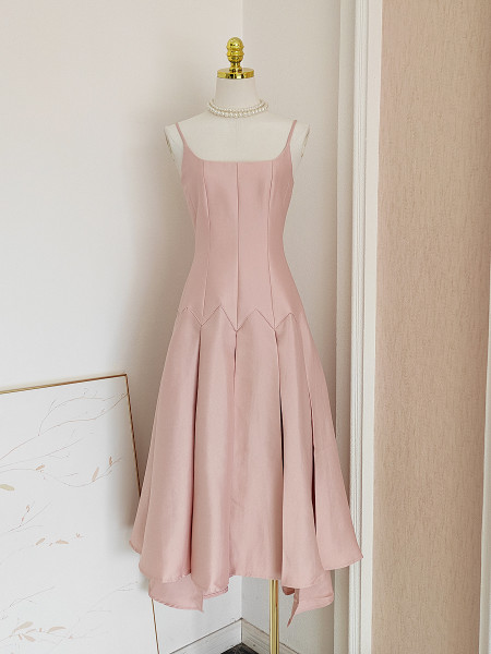 Shop 2024 ANNAKOO Spaghetti Straps Pink Satin A Line Tea Length Homecoming Dress Under 98