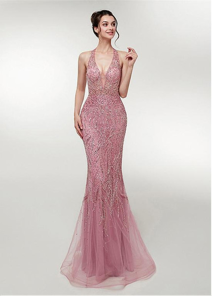Purple Tulle Halter Long Mermaid Evening Dress