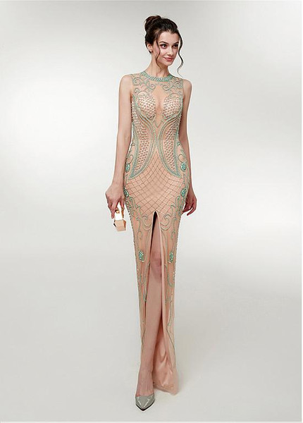 Tulle Jewel Champagne Long Mermaid Beading Prom Evening Dress 